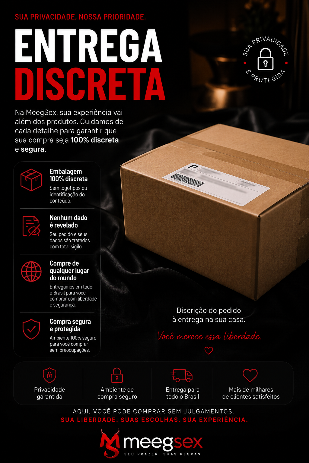 Banner de entrega discreta e segura da Meegsex, embalagem sem identificação do conteúdo